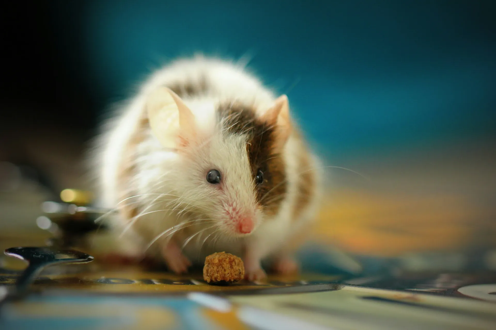 A brown and white house mouse eating food, highlighting the need for professional mice control in Blackburn.