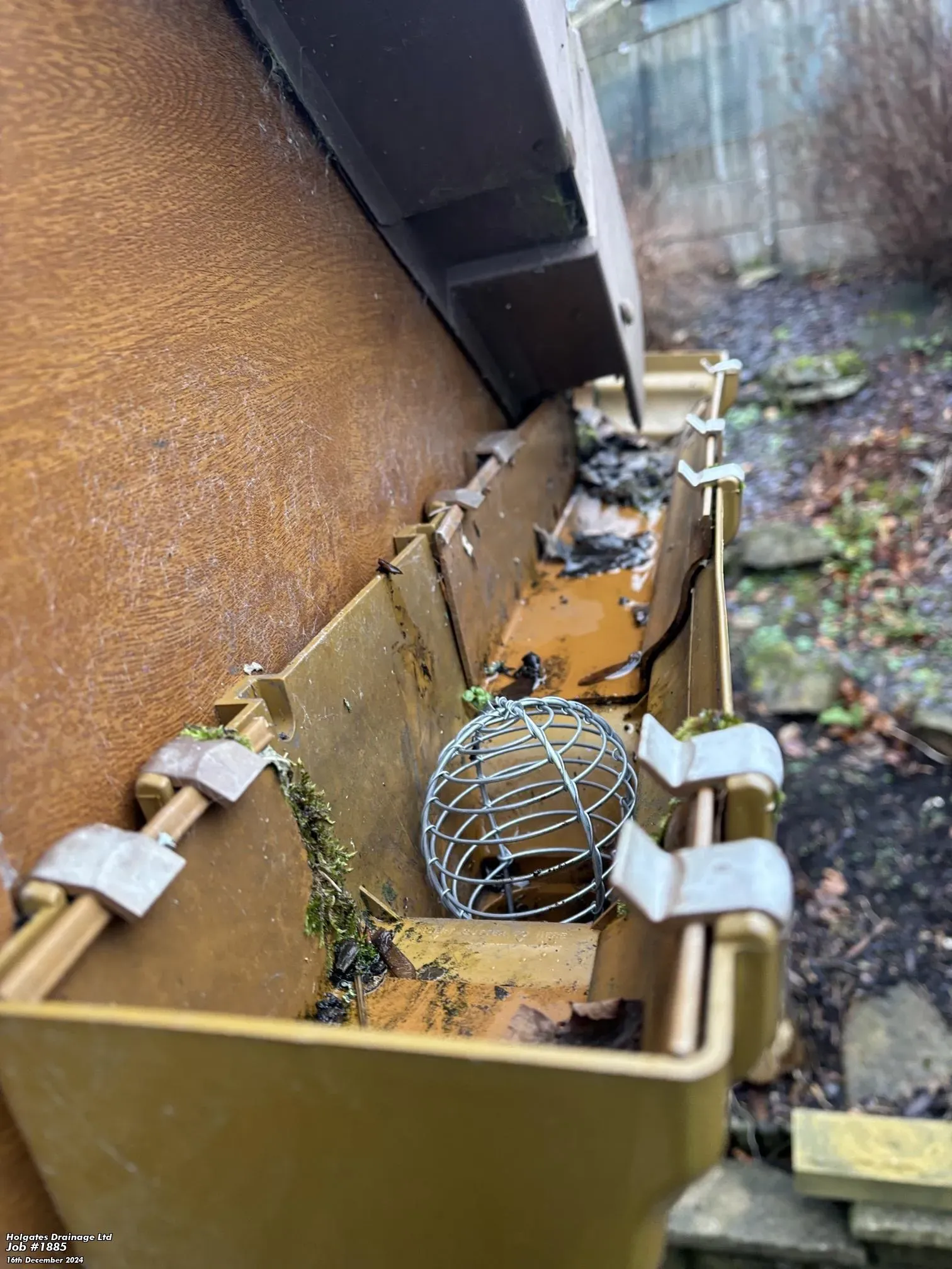 Close-up of a gutter with a wire mesh pest guard installed for rodent and bird proofing