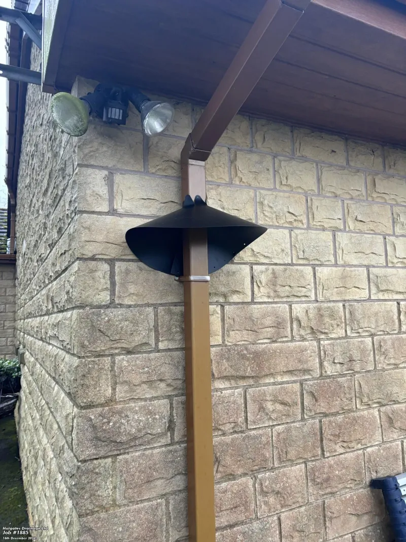 A black rodent baffle on a downpipe for professional rodent proofing on a stone property.